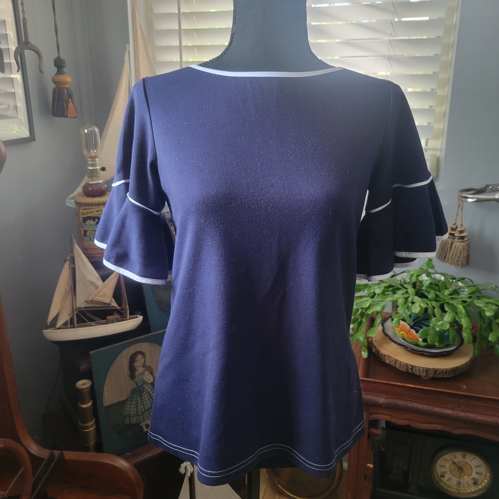 Sail to Sable Navy Ruffle Sleeve Blouse